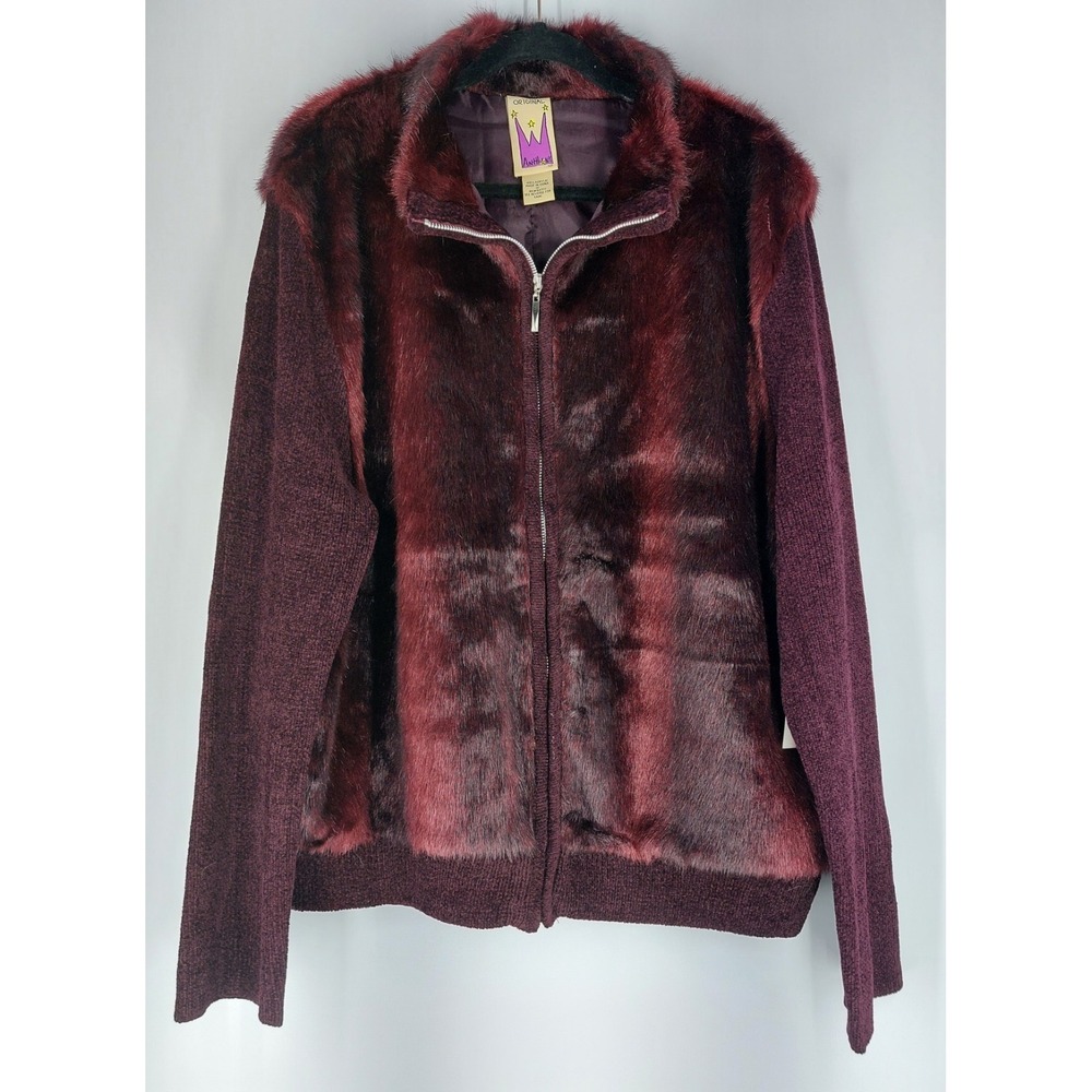 Original Anthony Faux Fur  Jacket Womens 1X Burgundy Chenille‎ Sleeves Zipper